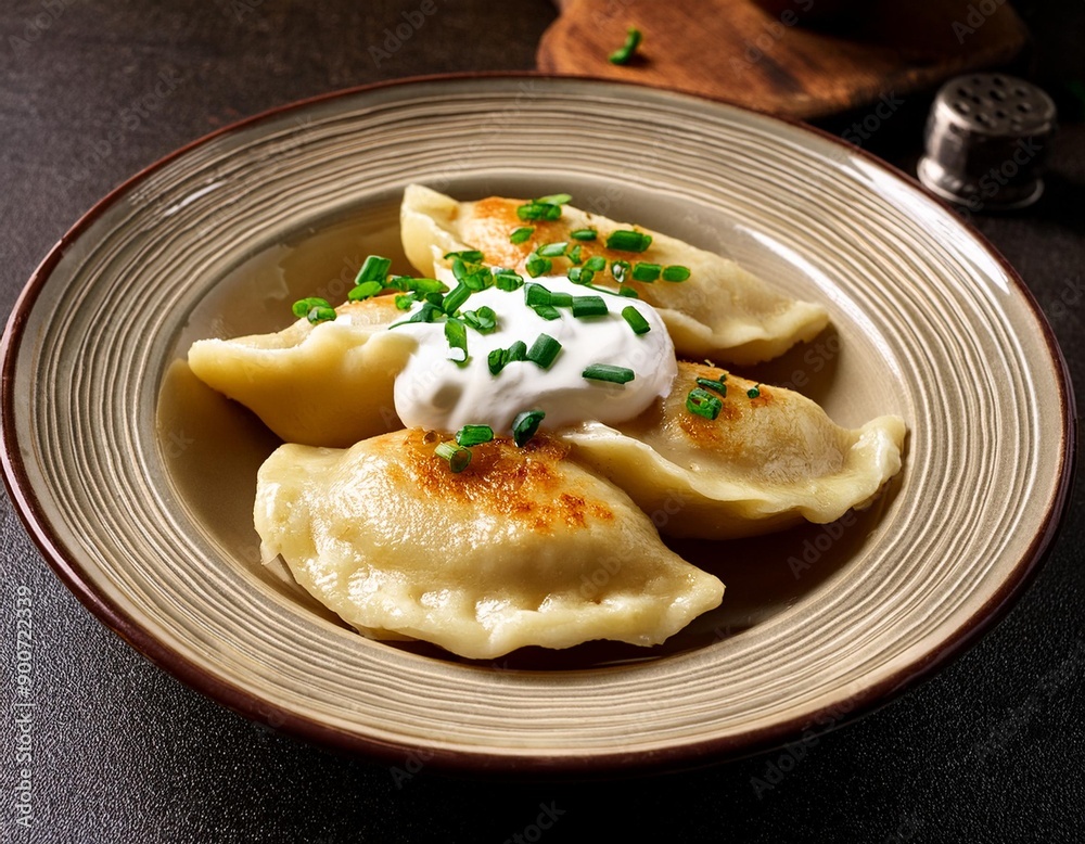 Close-up of a plate of traditional Polish pierogi filled with cheese and potatoes, garnished - traditional polish food Close-up of a plate of traditional Polish pierogi filled with cheese and potatoes, garnished - traditional polish food