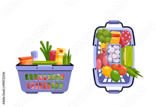 Two Grocery Baskets Filled With Variety Of Food Items, Including Vegetables, Fruits, Dairy, And Packaged Goods