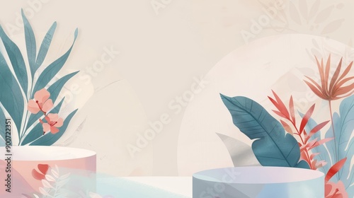 This image showcases an abstract botanical art piece featuring various leaves and plants rendered in soft, minimalist colors with a pastel backdrop and geometric elements.