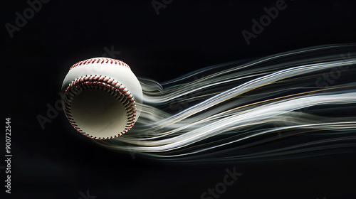 Dynamic ActionA Spinning Baseball Captured Mid-Air Against a Striking Black BackgroundShowcasing Intricate Details and Motion Blur Effects photo