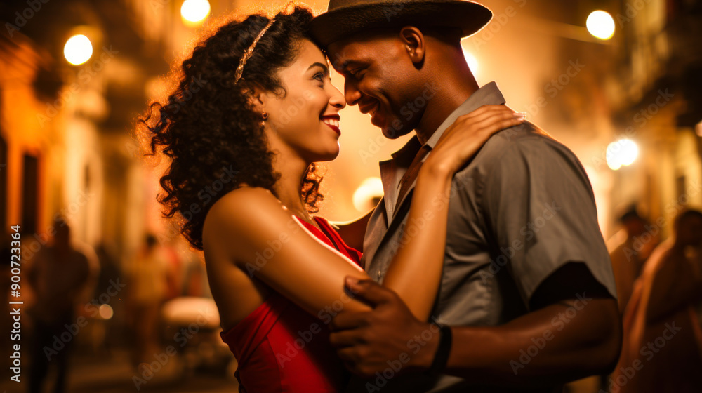 Smiling Cuban couple dancing at night in city street Smiling Cuban couple dancing at night in city street