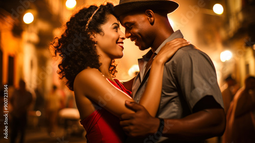 Smiling Cuban couple dancing at night in city street