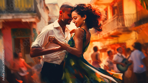 Couple dancing salsa on a vibrant street with blurred background