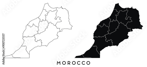 Morocco map of regions districts vector black on white and outline