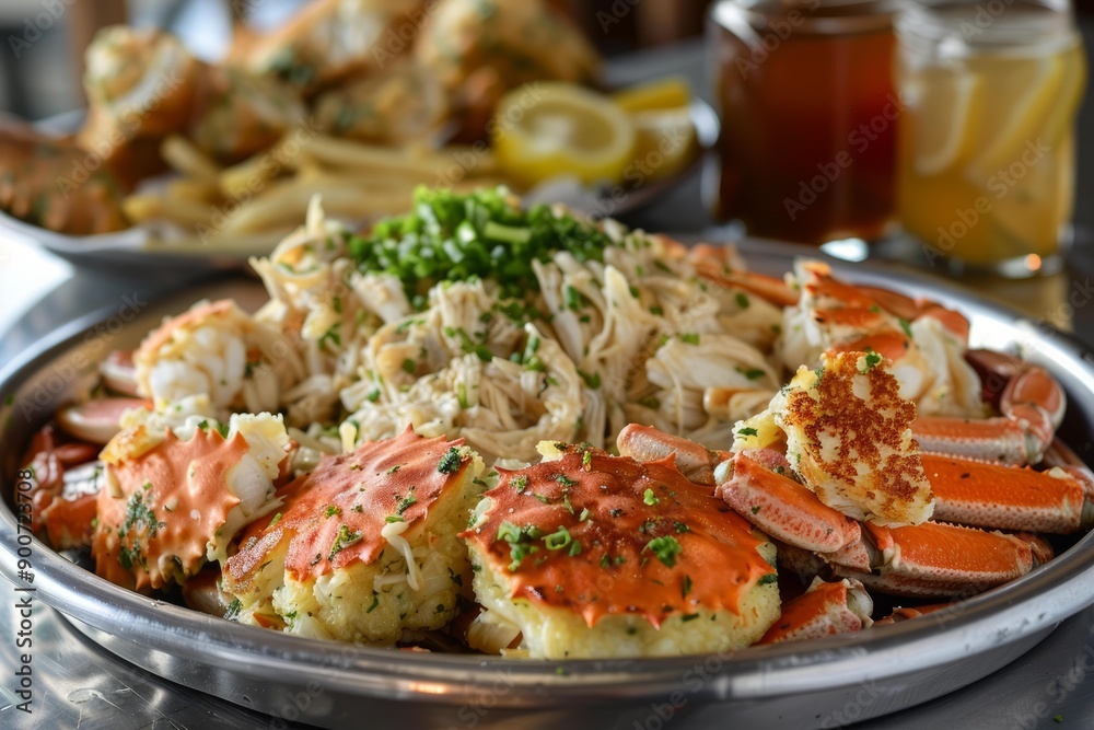 Sumptuous seafood platter with fresh crab and lemons, ready to be enjoyed Sumptuous seafood platter with fresh crab and lemons, ready to be enjoyed