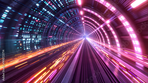 Futuristic tunnel with neon lights and motion blur