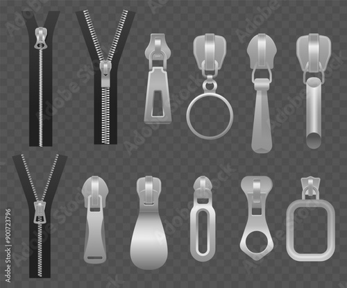 Collection Of Different Metal Zipper Pulls And Zippers Isolated On Transparent Background. Realistic 3d Vector Zippers photo