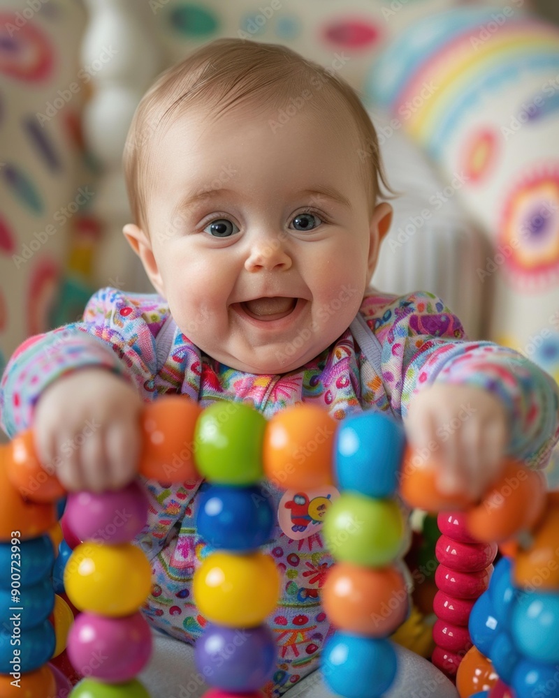 A baby smiles and plays with colorful toys. AI. A baby smiles and plays with colorful toys. AI.