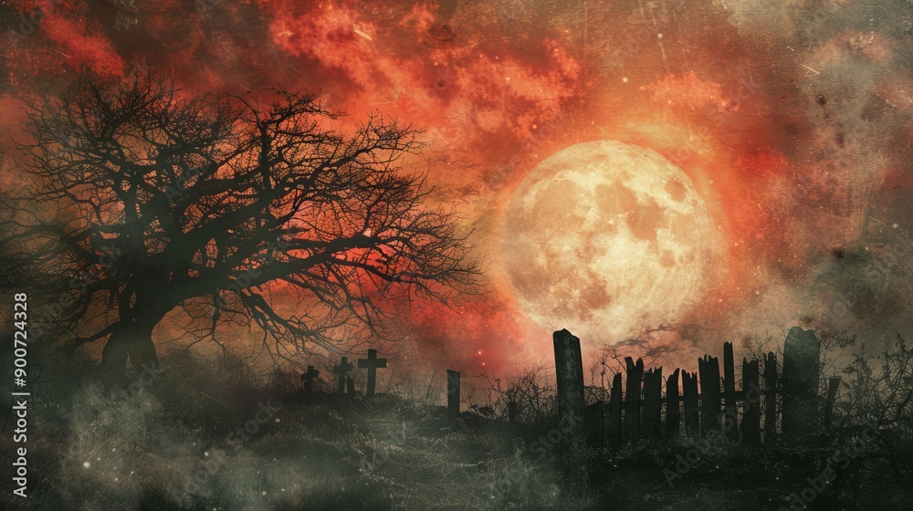 This haunting image captures an eerie graveyard illuminated by a full moon against a menacingly red sky, featuring silhouetted trees, crosses, and a dilapidated fence. This haunting image captures an eerie graveyard illuminated by a full moon against a menacingly red sky, featuring silhouetted trees, crosses, and a dilapidated fence.