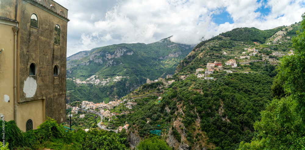 Panoramic View Of Amalfi Coast Village And Hillside