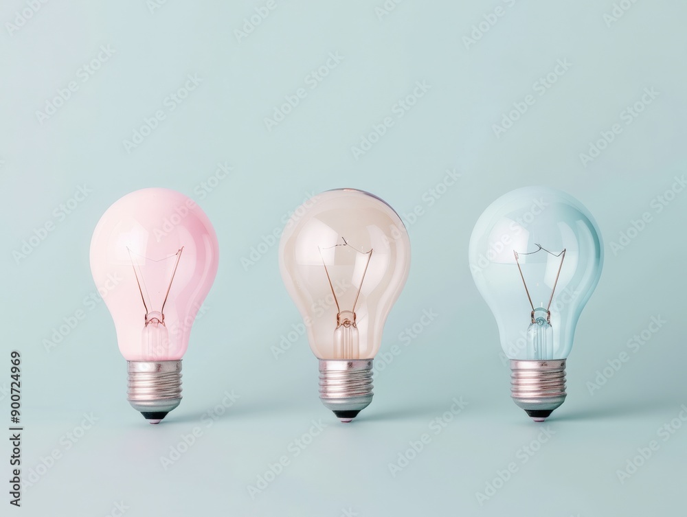 A beautiful arrangement of colorful light bulbs on a soft pastel background, perfect for design and decoration concepts. A beautiful arrangement of colorful light bulbs on a soft pastel background, perfect for design and decoration concepts.