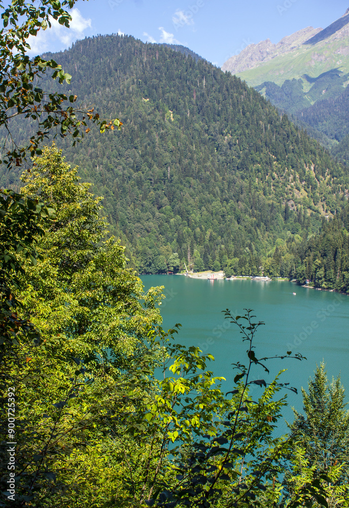 Obraz premium beautiful top view of turquoise lake ritsa in abkhazia among picturesque hills and green trees on a sunny summer day and copy space