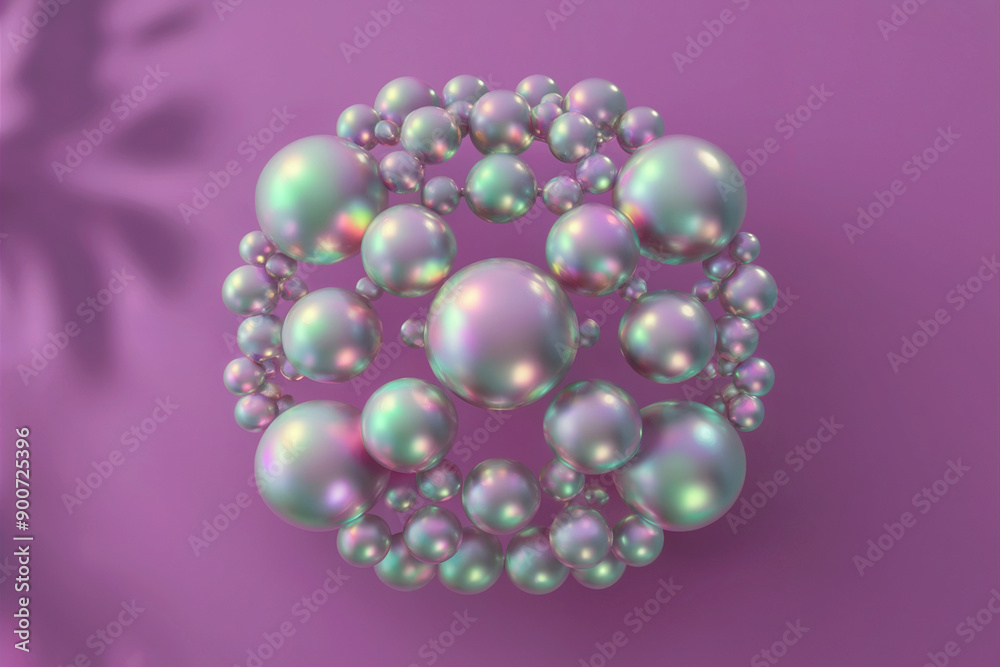 A collection of spheres of varying sizes arranged in a circular pattern on a vibrant purple background. A collection of spheres of varying sizes arranged in a circular pattern on a vibrant purple background.