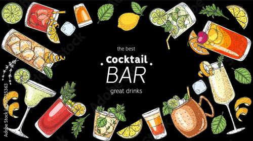 Alcoholic cocktails frame. Hand drawn vector illustration. Cocktails sketch set. Engraved style.