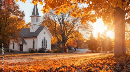 Fototapeta Naklejka Na Ścianę i Meble -  White country church in autumn foliage. Concept of rural church, fall season, countryside scenery, peaceful solitude