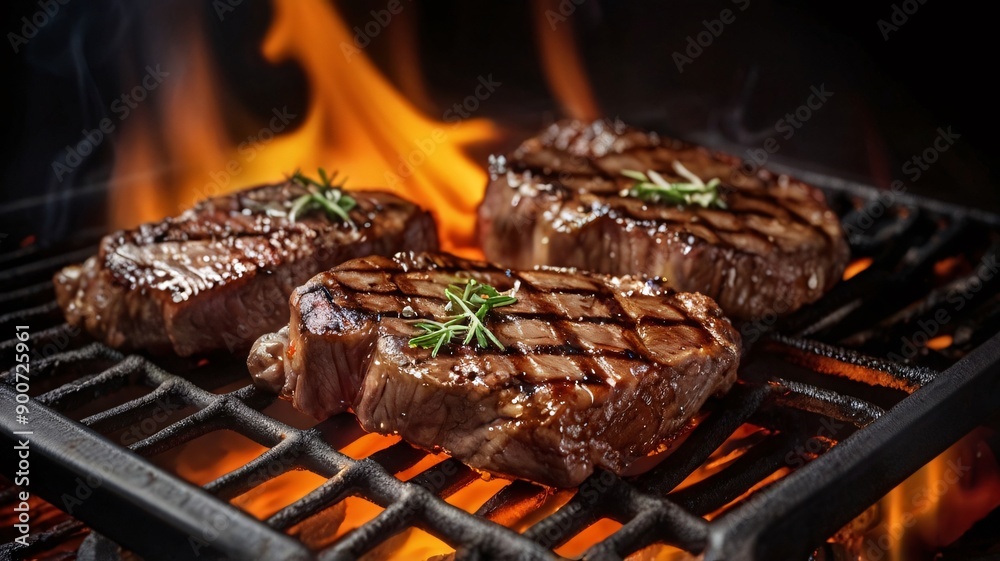 Grill with sizzling steaks and flames Grill with sizzling steaks and flames