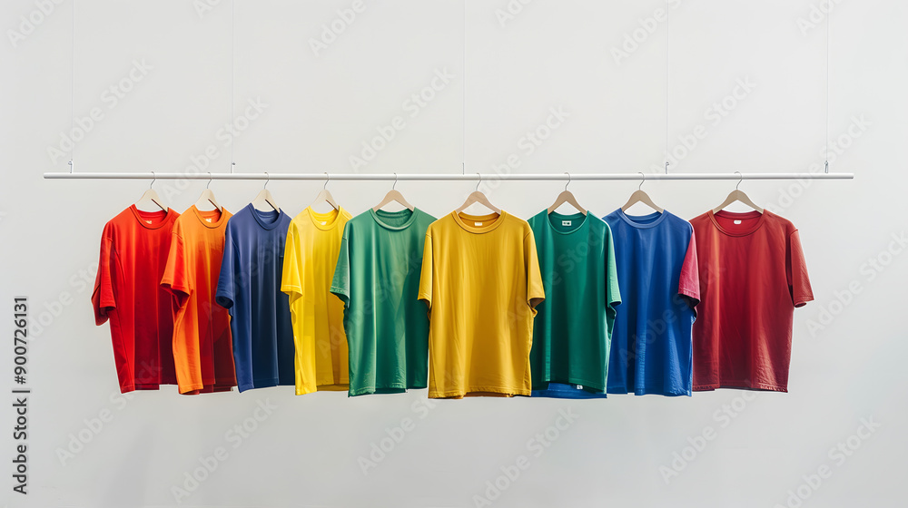 row of colourful tshirt hanging on a horizontal pole in a bright airy white wall based shop