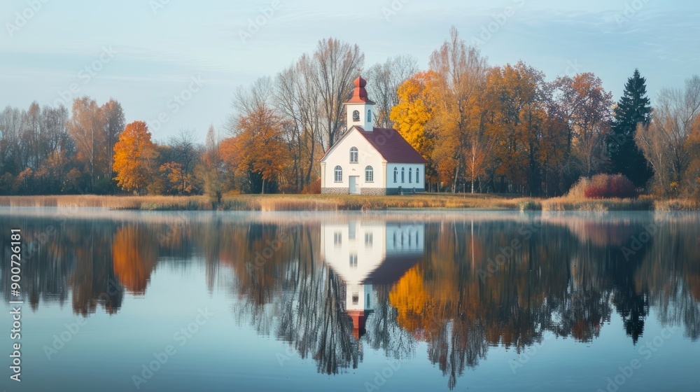 Fototapeta premium Serene lakeside church with autumn foliage and reflections on water. Concept of peaceful nature, tranquility, spirituality, and seasonal change