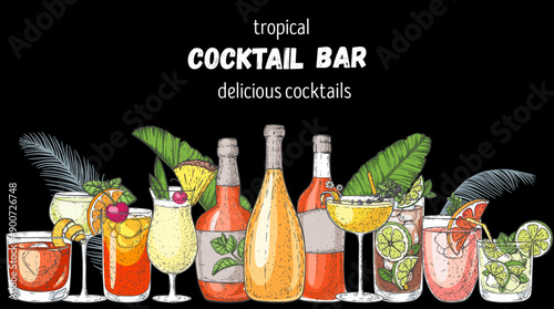 Alcoholic cocktails frame. Tropical cocktails. Hand drawn vector illustration. Cocktails sketch set. Engraved style.