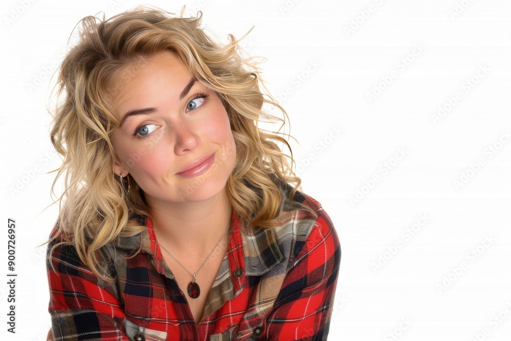 Smiling young woman with curly blond hair in red plaid shirt, relaxed and cheerful, white background, natural beauty, modern portrait, confident and vibrant, simple and clear, soft lighting. Smiling young woman with curly blond hair in red plaid shirt, relaxed and cheerful, white background, natural beauty, modern portrait, confident and vibrant, simple and clear, soft lighting.