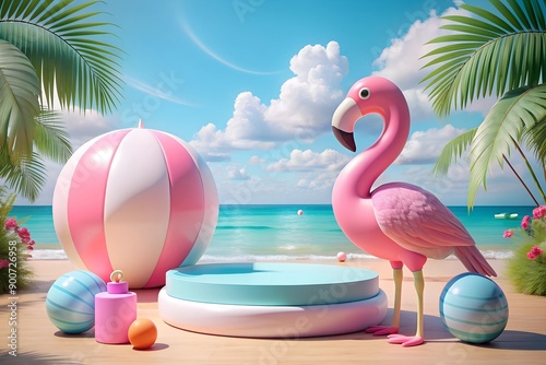 3D summer sea scene with a blank podium for product display, decorated with a pink flamingo inflatable ring and a beach ball. Ideal for showcasing cosmetics.