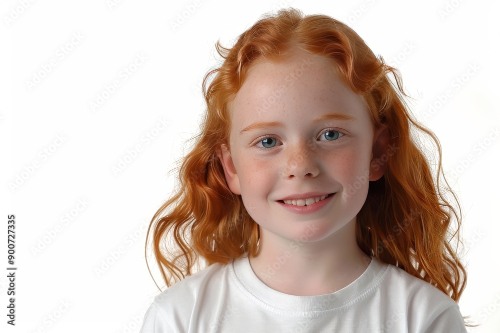 Red-haired girl in white top, white background, bright and cheerful, natural beauty, child portrait, confident and lively, soft lighting, simple and clear, vibrant. Red-haired girl in white top, white background, bright and cheerful, natural beauty, child portrait, confident and lively, soft lighting, simple and clear, vibrant.