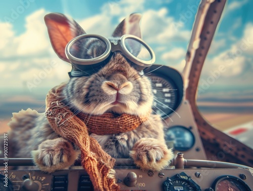 Adventurous bunny pilot ready for takeoff in a vintage airplane cockpit