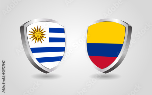 Uruguay vs Colombia flag shields on a white background, Football soccer championship competition vector illustration