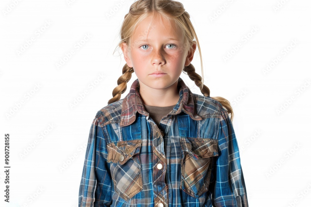 Young girl with blond hair, wearing a plaid shirt, white background, serious and focused expression, natural beauty, child portrait, detailed and clear, soft lighting, simple and pure. Young girl with blond hair, wearing a plaid shirt, white background, serious and focused expression, natural beauty, child portrait, detailed and clear, soft lighting, simple and pure.