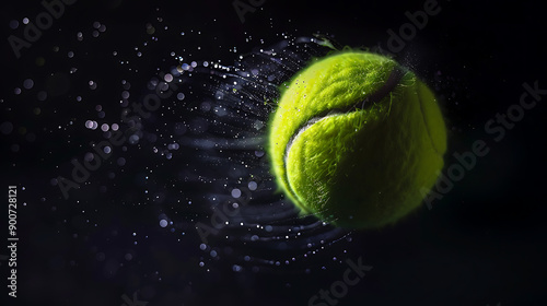 Capturing the Dynamic Spin of a Tennis Ball in Mid-Air Against a Stark Black BackgroundEmphasizing Motion and Energy