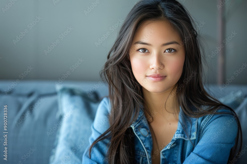 Thoughtful young woman with long dark hair, sitting indoors, relaxed and serene, natural beauty, modern portrait, soft lighting, simple and clear, warm and cozy. Thoughtful young woman with long dark hair, sitting indoors, relaxed and serene, natural beauty, modern portrait, soft lighting, simple and clear, warm and cozy.