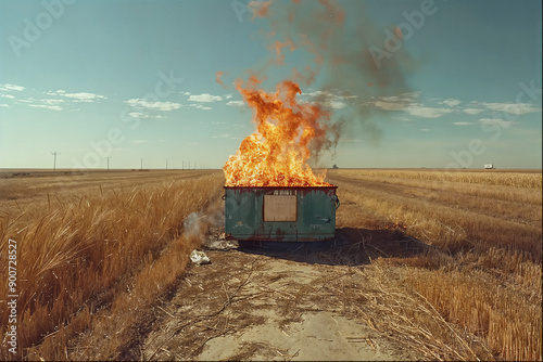 Rural Dumpster Fire in Open Field - Dramatic Imagery of a Blazing Inferno in a Countryside Setting