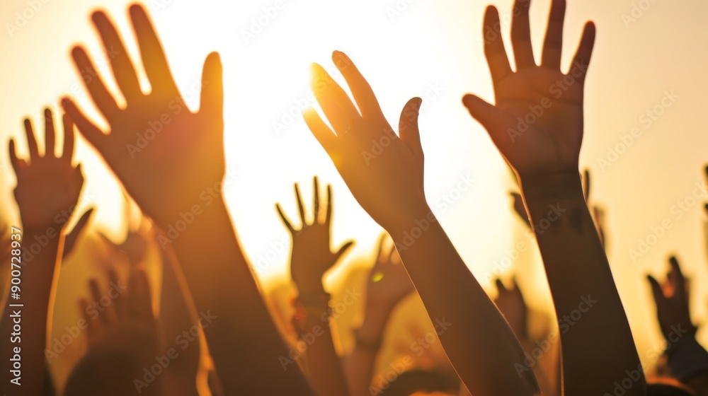 Hands raised high in the air, set against a clear sky or in a crowd Hands raised high in the air, set against a clear sky or in a crowd