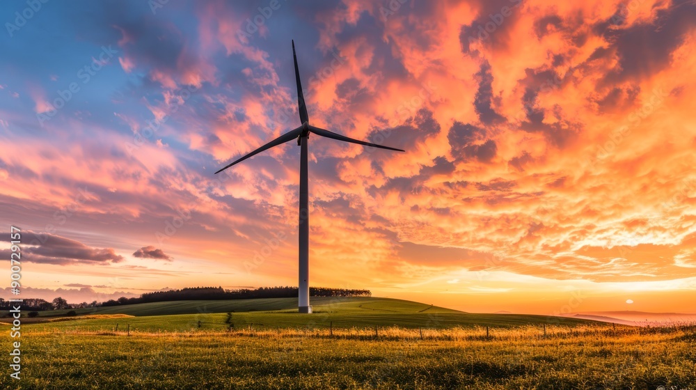 Obraz premium Sunset over a field with a wind turbine. Concept of renewable energy, wind power, sustainable energy, countryside landscape