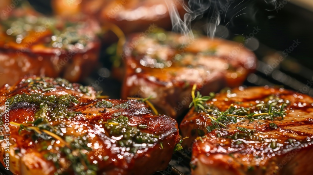 Close-up of juicy, perfectly cooked BBQ meat on a grill Close-up of juicy, perfectly cooked BBQ meat on a grill