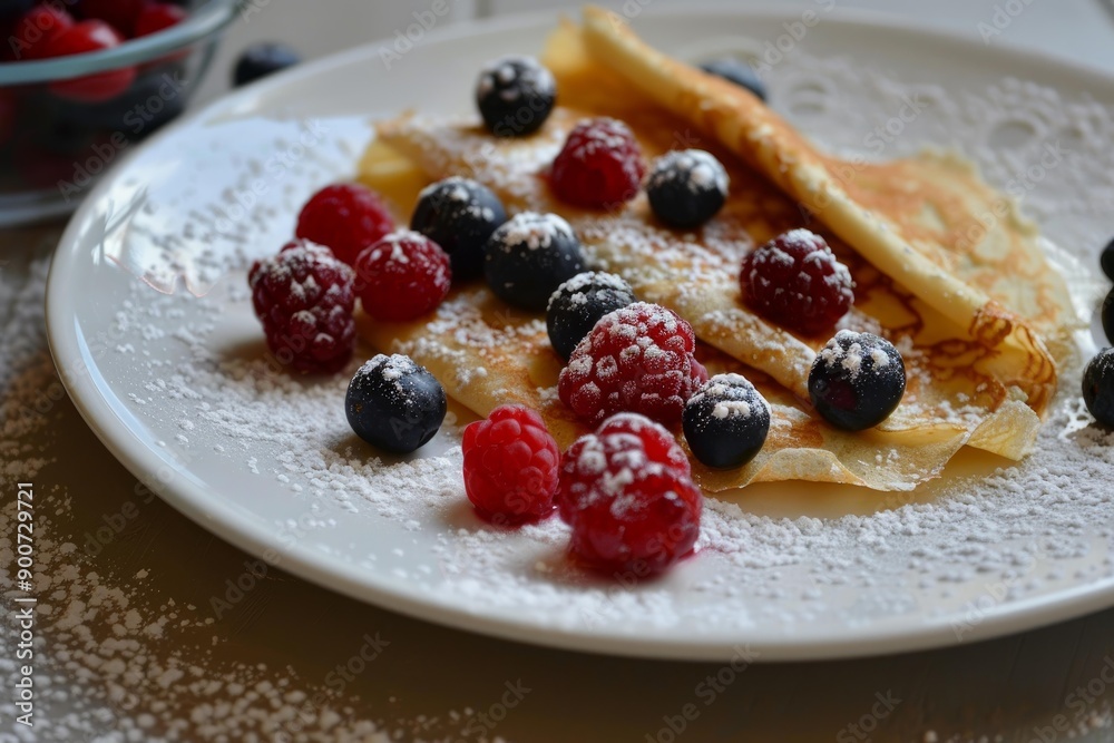 Delicious crepes adorned with ripe berries and a dusting of powdered sugar Delicious crepes adorned with ripe berries and a dusting of powdered sugar