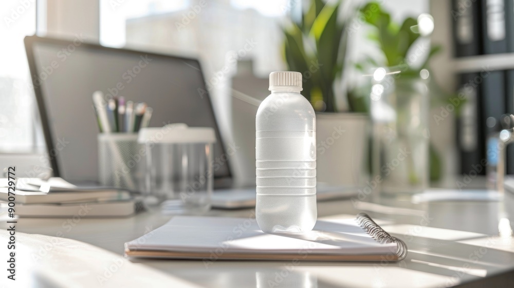 Clear protein drink bottle on workspace with computer and notepad, detailed close-up, Clear protein drink bottle on workspace with computer and notepad, detailed close-up,
