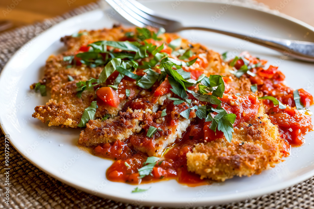 Schnitzel with tomato sauce and parsley on a plate Schnitzel with tomato sauce and parsley on a plate