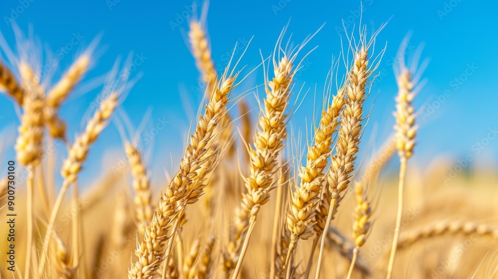 Golden ears of wheat in a field against a clear blue sky Golden ears of wheat in a field against a clear blue sky