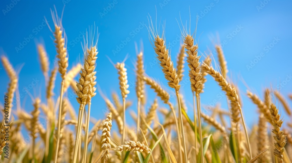 Golden ears of wheat in a field against a clear blue sky