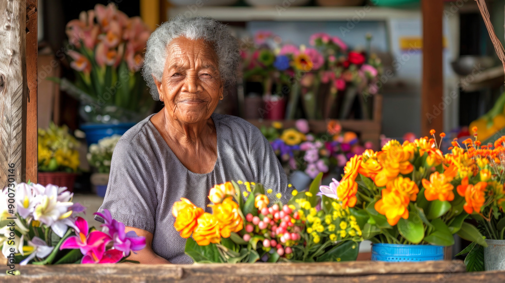 Elderly African American woman surrounded by colorful flowers in a flower shop. Concept of senior florist, flower market, gardening, small business