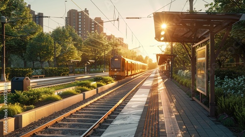 A suburban train station at dawn, with a train arriving on the platform, surrounded by well-maintained greenery and modern infrastructure