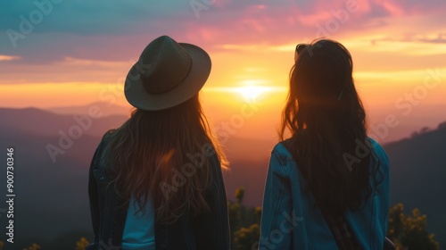 Two women standing side by side, looking out at a beautiful sunset