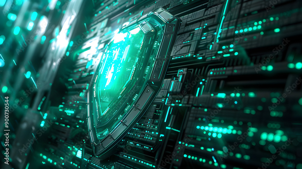 Fototapeta premium Futuristic security shield symbol on digital circuit board