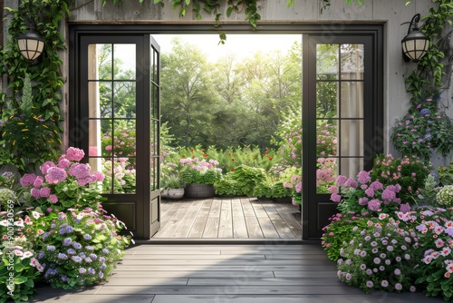 Cozy outdoor seating area with lush greenery and flowers, peaceful and serene atmosphere, natural light, garden environment, clear and detailed, bright and vibrant.