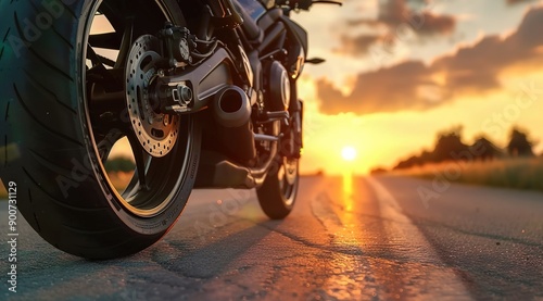  Close up of the front wheel and motorcycle on an empty road with a beautiful sunset in the background. 