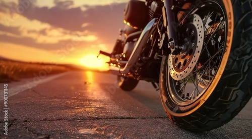  Close up of the front wheel and motorcycle on an empty road with a beautiful sunset in the background. 