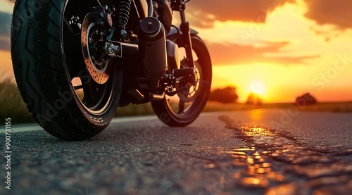  Close up of the front wheel and motorcycle on an empty road with a beautiful sunset in the background. 