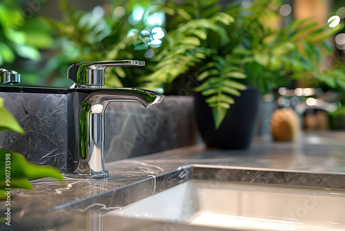 Dans la cuisine, un robinet en métal verse de l'eau propre dans un verre, prêt à servir du thé ou du café, tandis que l'évier garde l'intérieur de la maison impeccable. photo