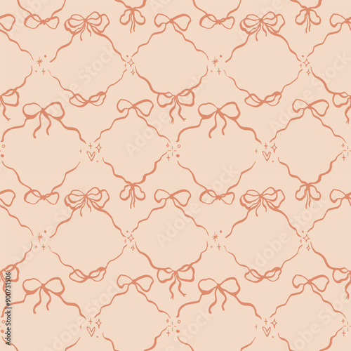 Seamless pattern with cartoon doodle bow knots, gift ribbons. Trendy zig zag chevron Christmas background. Hand drawn vector illustration. Minimalist tattoo sketch, coquette core. 